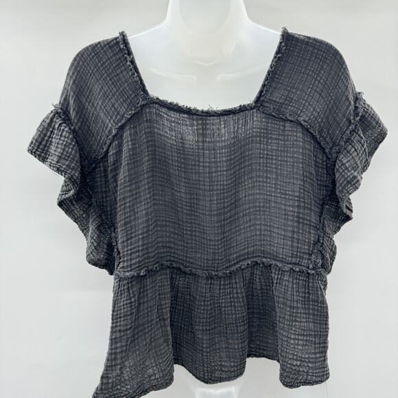 Anthropologie Daily Practice Gauzy Ruffled Top Sz S Gray Boho Cotton Cropped - Picture 4 of 10